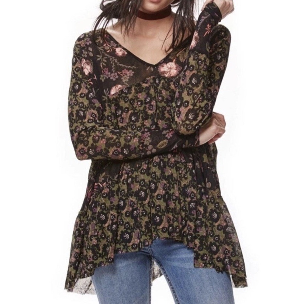 Free People Women's Isabella Floral‎ Oversize Tunic Boho Top Long Sleeve Size S